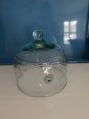 Glass Cloche Cake Stand Lid Hand Blown in Mexico Green with Embossed Pattern